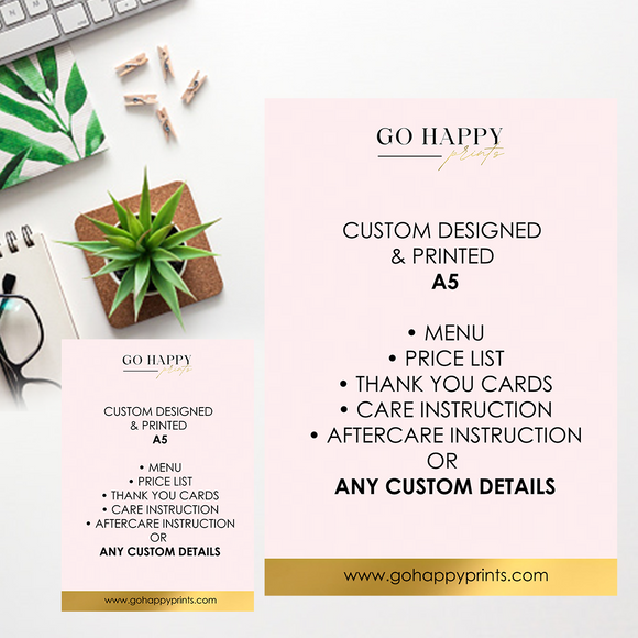 Custom Design A5 Flyers / Cards - Menus, Price list, Thank you cards or Any Other Details