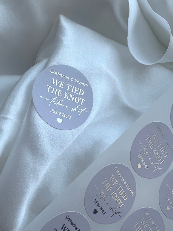 We tied the Knot now take a shot Personalised Metallic Foil Wedding Stickers