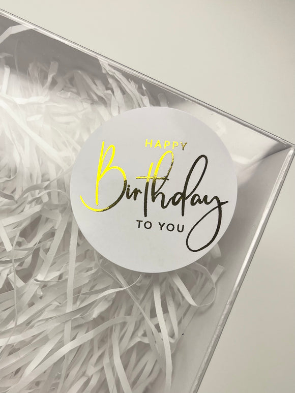 Luxury Metallic Foil Happy Birthday Stickers Printed on high gloss stickers. Sizes: 35mm - 35 per sheet 45mm - 24 per sheet 51mm - 15 per sheet. High quality business stationery. 