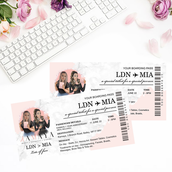 Custom Designed & Printed Flight ticket Event / Gift Voucher