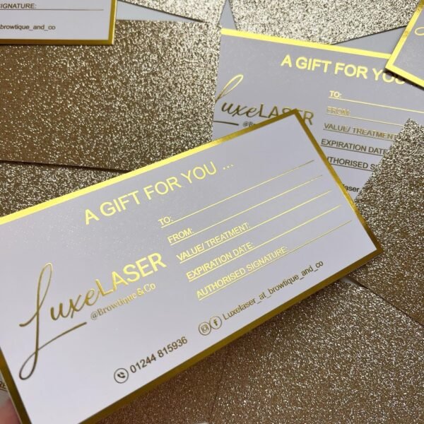 Custom Metallic Foil Gift Certificates with Real Glitter Back