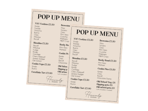 Personalised Pop up Menu for Bakers